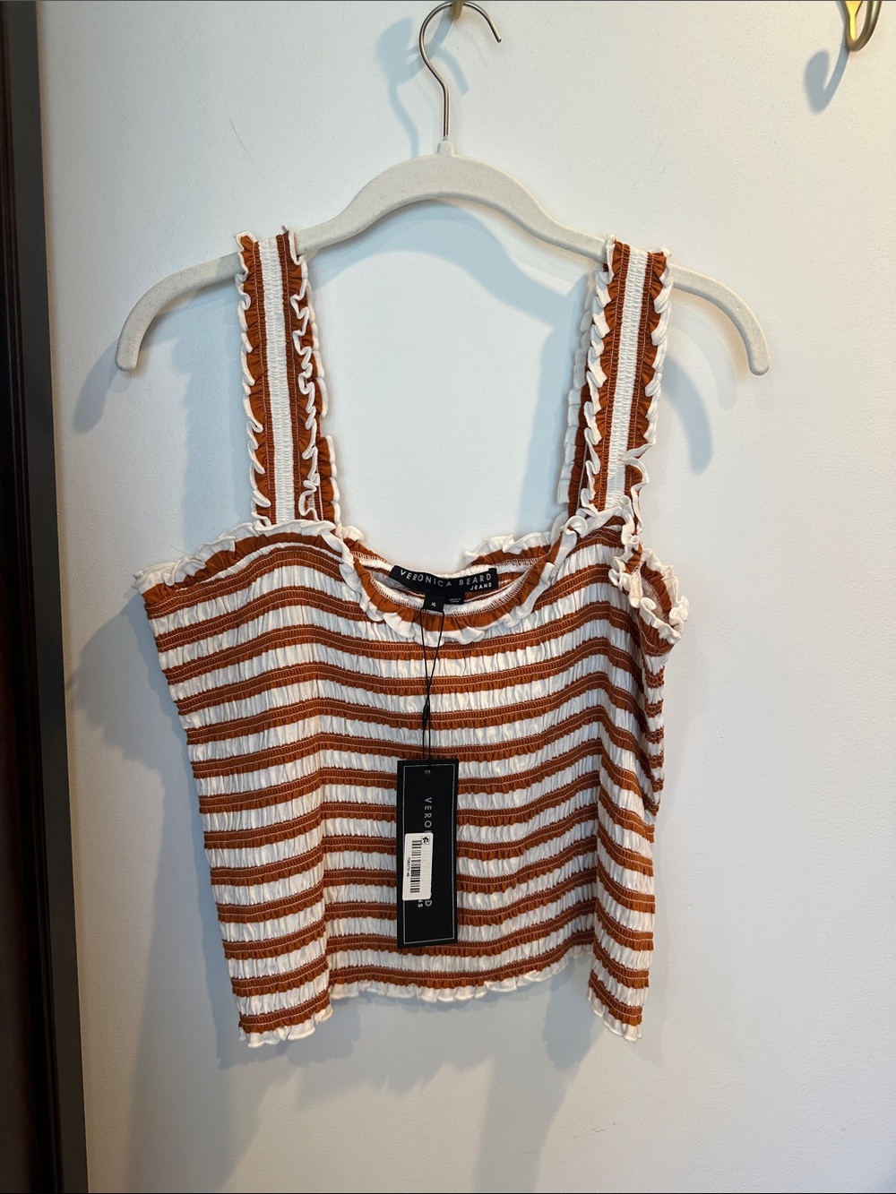 Veronica Beard Rust and White Ruffle-Trim Cropped Tank